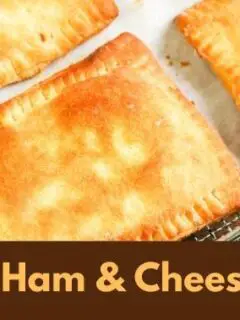 cooked ham and cheese pockets with overlay with title