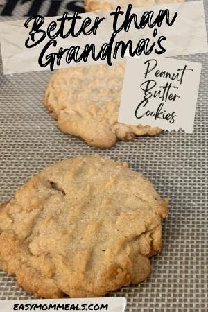 peanut butter cookies on baking sheet with text overlay