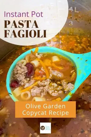 pasta fagioli in blue spoon with text