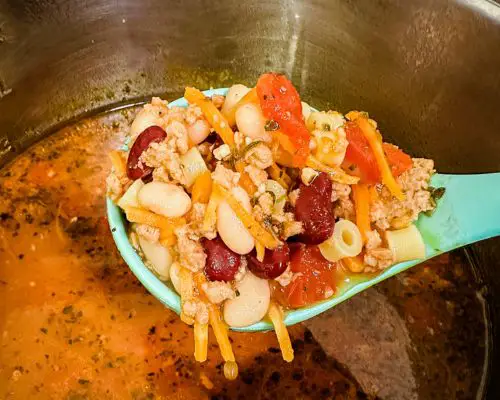 vegan pasta fagioli soup on spoon